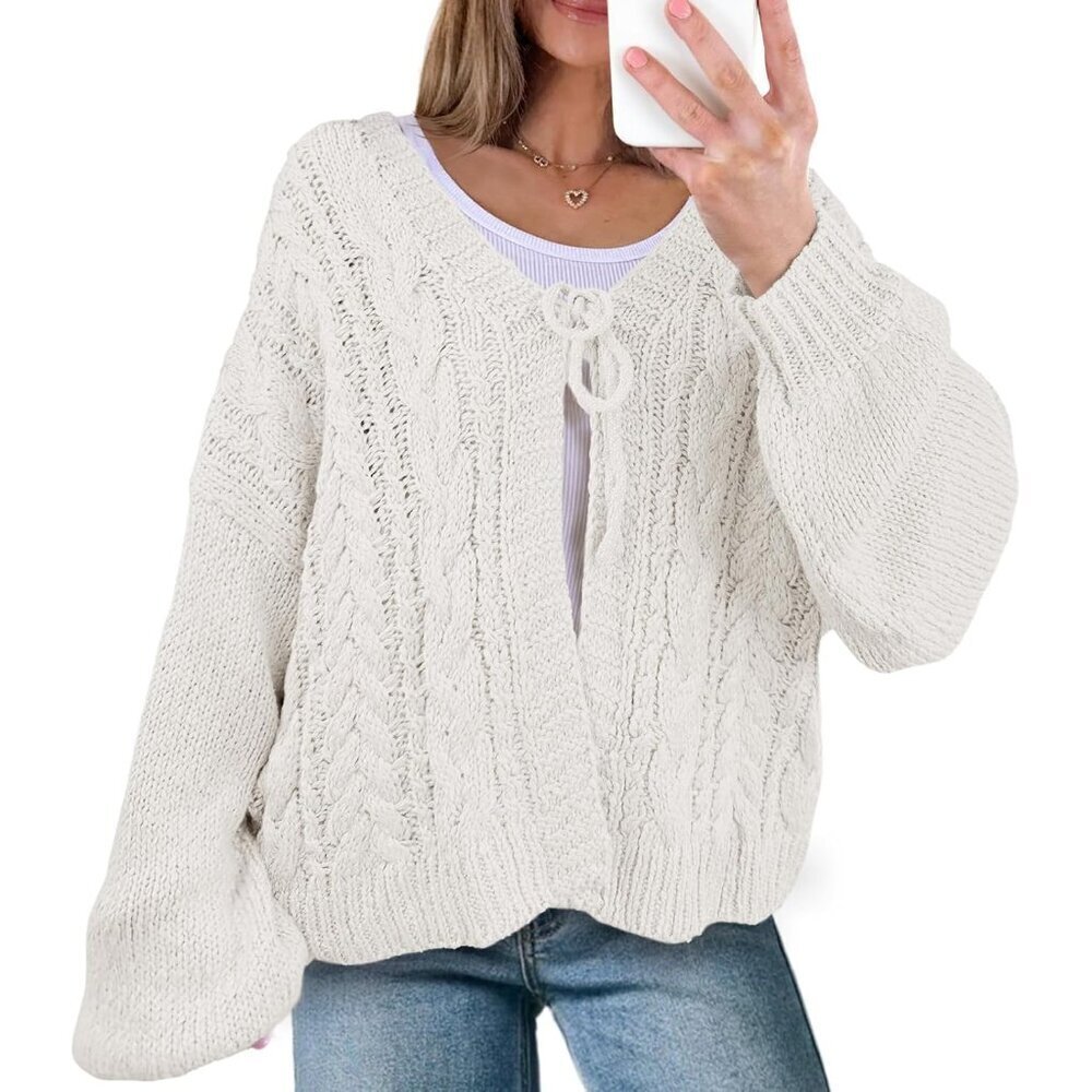 Women's Cable Knit Tie Front Cardigan V Neck Lantern Long Sleeve Cozy Fall Casua